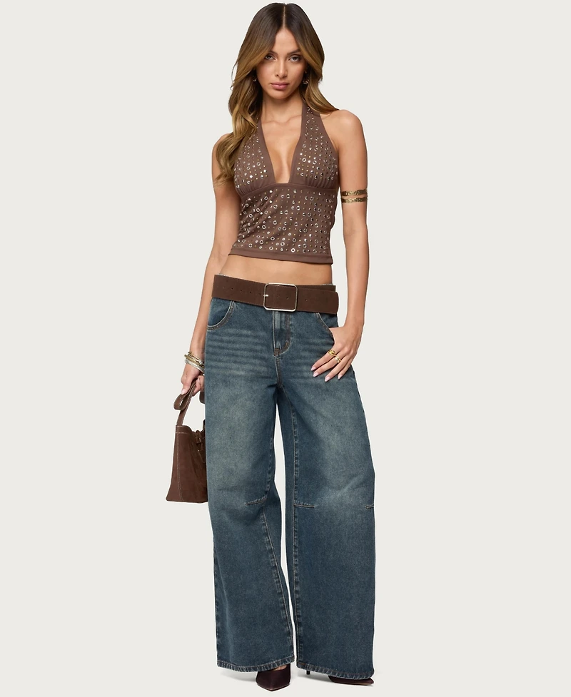 Edikted Women's Santi Low Rise Wide Leg Jeans