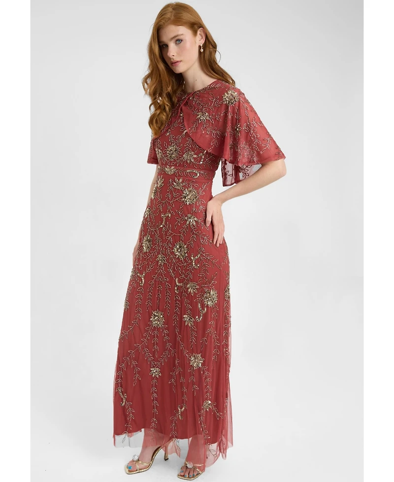 Beauut Women's Embellished Sequin Beaded Maxi Dress With Boat Neckline Cape-Style Short Sleeves