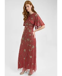 Beauut Women's Embellished Sequin Beaded Maxi Dress With Boat Neckline Cape-Style Short Sleeves