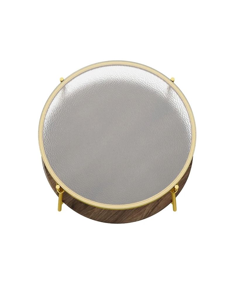 Streamdale Modern Round Walnut Coffee Table with Glass Top & Gold Base