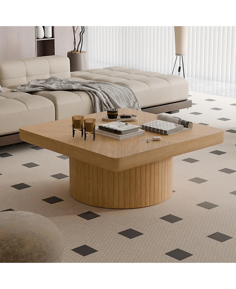 Streamdale Furniture Streamdale 34.6" Square Coffee Table, Modern Wood Veneer Top with Parquet Pattern & Cylindrical Base