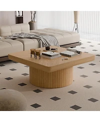 Streamdale Furniture Streamdale 34.6" Square Coffee Table, Modern Wood Veneer Top with Parquet Pattern & Cylindrical Base