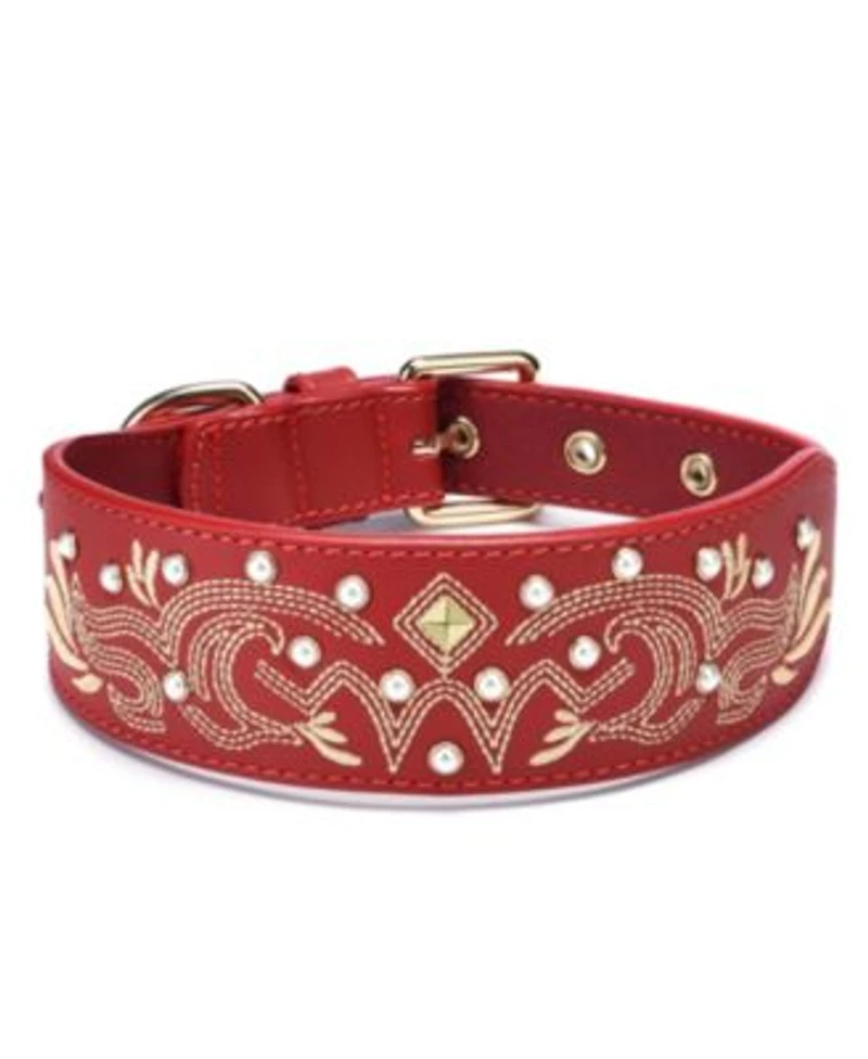 Blueberry Pet Western Style Full Grain Genuine Leather Embroidered Dog Collar with Pearl or Turquoise Studs