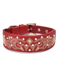 Blueberry Pet Western Style Full Grain Genuine Leather Embroidered Dog Collar with Pearl or Turquoise Studs