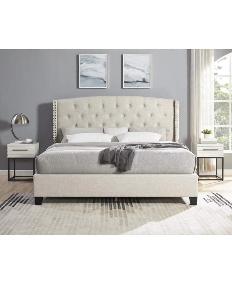 Streamdale Furniture Astral 3-Piece Bedroom Set: Tufted Wingback Bed & 2 White Nightstands