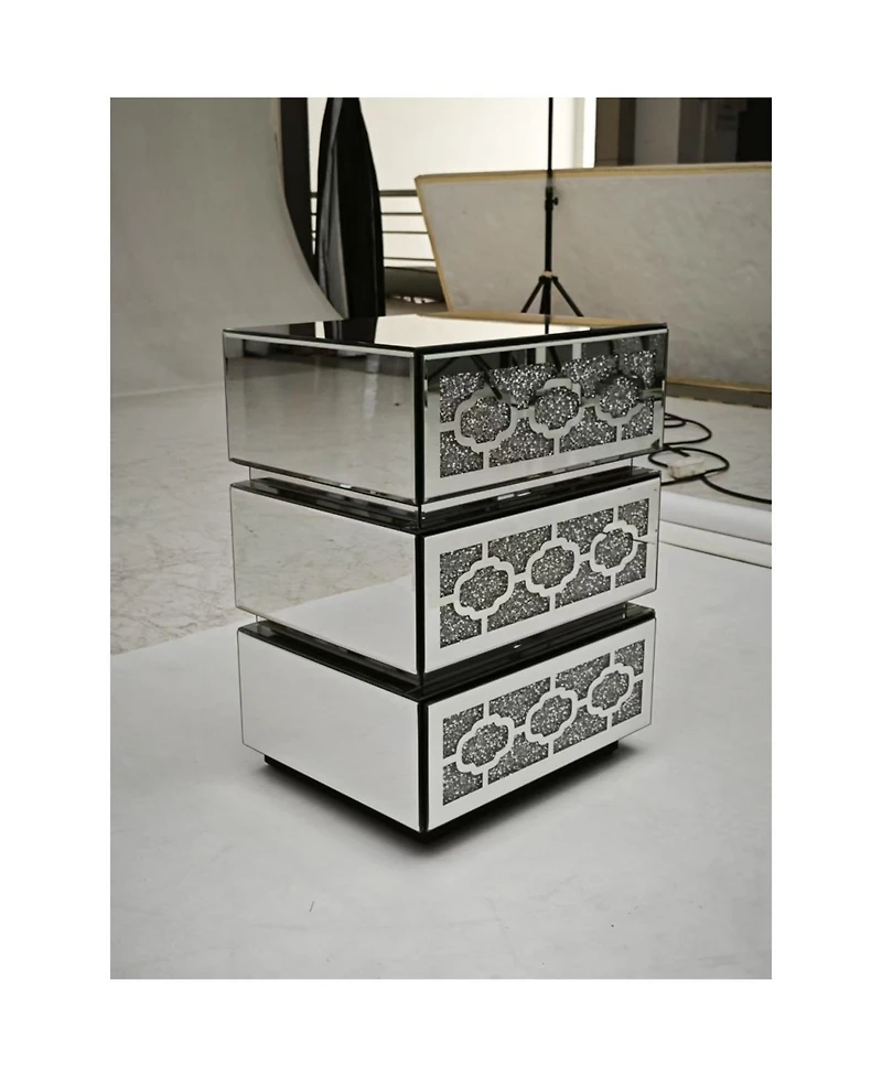 Streamdale Furniture Mirrored Bedside Nightstand with 3 Drawers, Silver Accent End Table