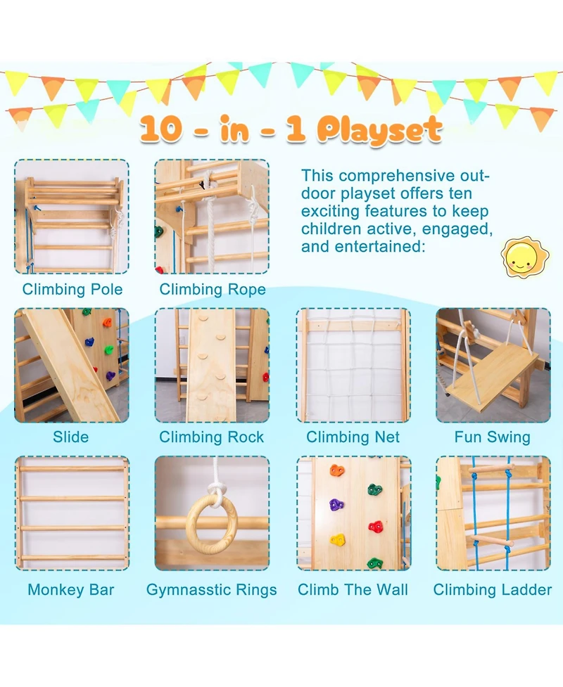 Streamdale Furniture All-in-One 10-in-1 Indoor Climbing Set with Rock Wall, Swings, Rings, Ladders