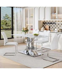 Streamdale Furniture Luxury Modern 63" Dining Table Set w/ 4 Upholstered Chairs, White Glass Top, Steel Base