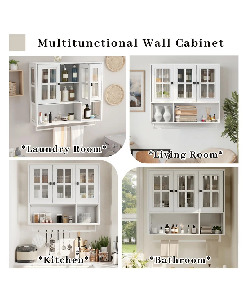 Streamdale Furniture Bathroom Wall Cabinet, 3-Door Wooden Cabinet with Open/Hidden Storage, White