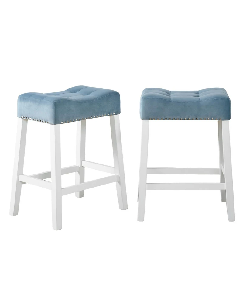 Streamdale Furniture Morovo Set of 2 Velvet Counter Height Stools, Tufted Saddle Seats, Blue