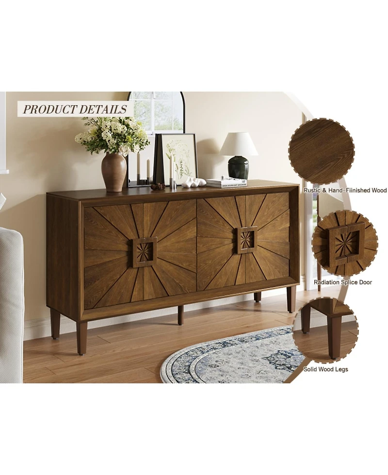 Streamdale Furniture Streamdale Rustic Farmhouse Credenza - Sunburst Doors, Adjustable Shelves (Antique Brown