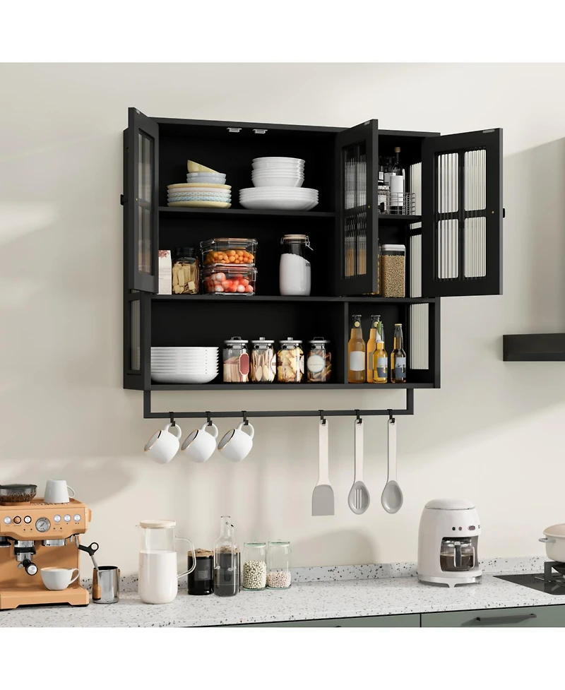 Streamdale Furniture Bathroom Wall Cabinet, 3-Door Wooden Cabinet with Open/Hidden Storage, Black