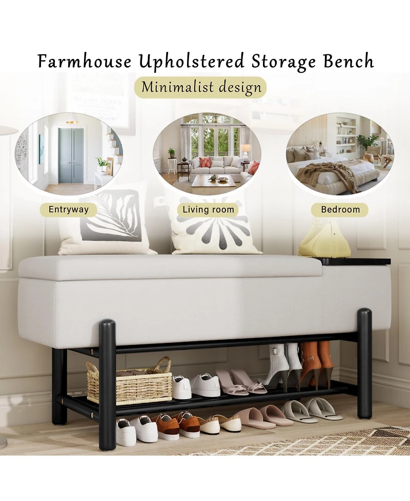 Streamdale Furniture Farmhouse Upholstered Storage Bench with Hidden Compartment (Black