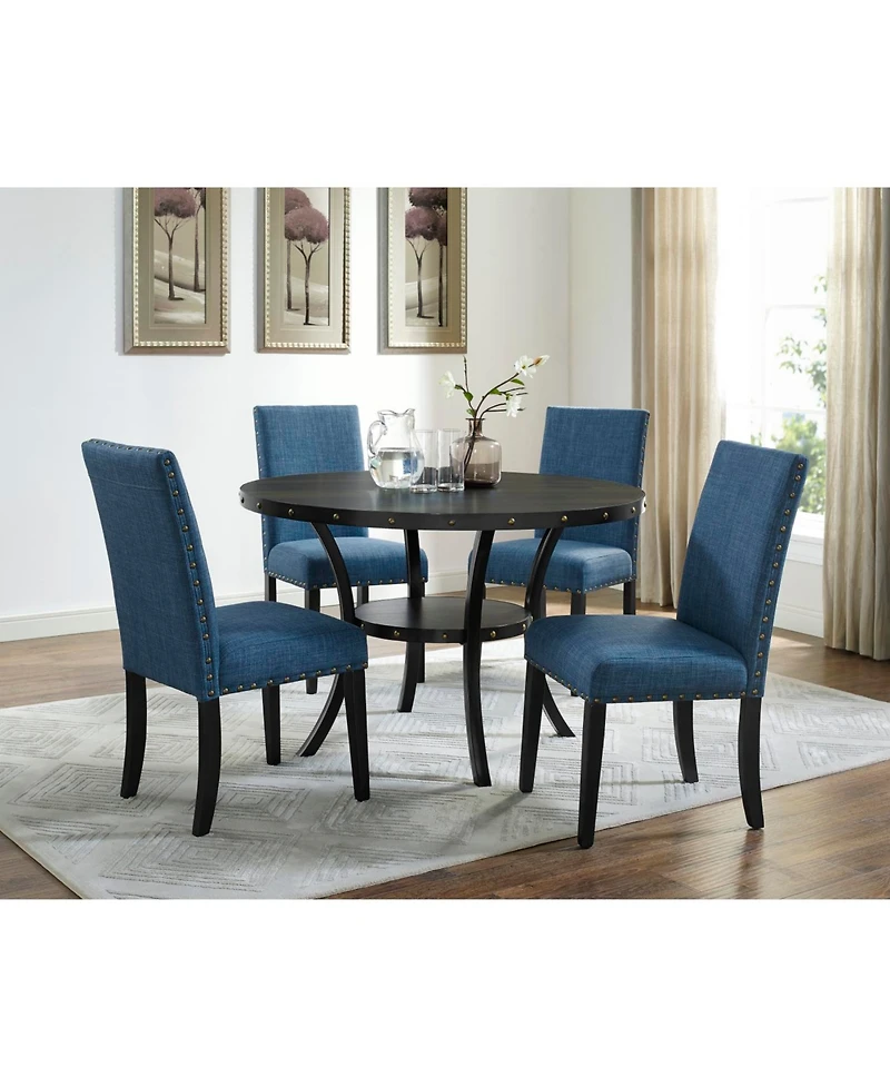 Streamdale Furniture Espresso Wood Dining Set with Blue Fabric Nailhead Chairs