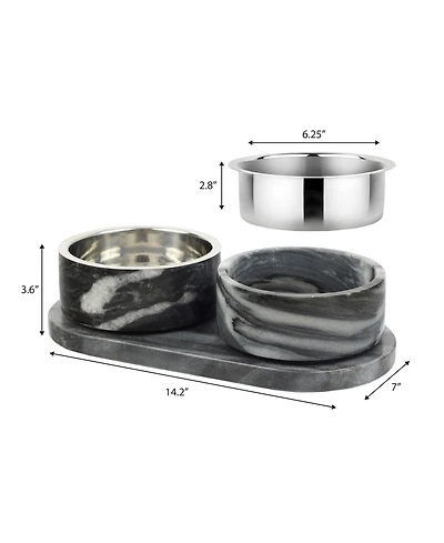 The Licker Store Marbre Small/Medium Modern Weighted Double Marble and Stainless Steel Bowl 12oz (1.5 Cups) Feeder with Non-Slip Tray Set