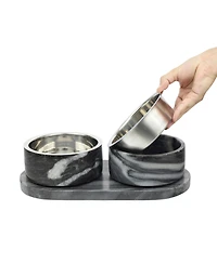 The Licker Store Marbre Small/Medium Modern Weighted Double Marble and Stainless Steel Bowl 12oz (1.5 Cups) Feeder with Non-Slip Tray Set