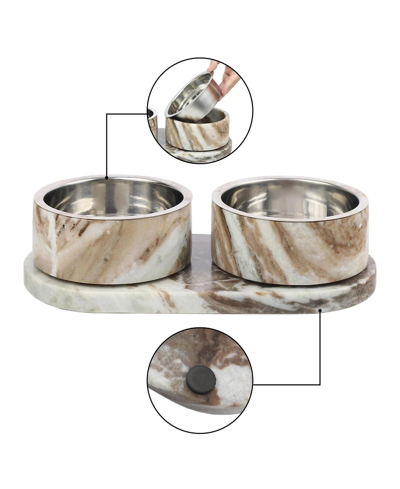 The Licker Store Marbre Small/Medium Modern Weighted Double Marble and Stainless Steel Bowl 12oz (1.5 Cups) Feeder with Non-Slip Tray Set