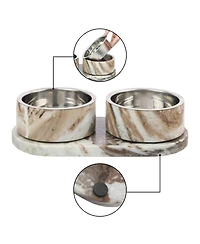 The Licker Store Marbre Small/Medium Modern Weighted Double Marble and Stainless Steel Bowl 12oz (1.5 Cups) Feeder with Non-Slip Tray Set