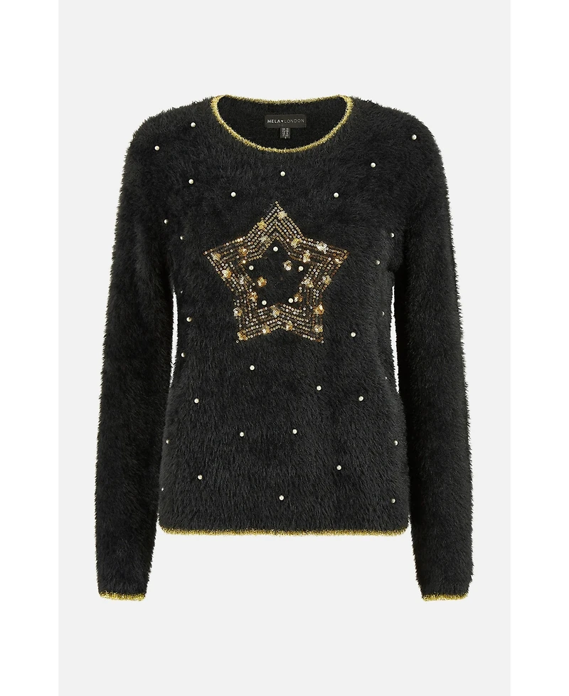 Yumi Women's Fluffy Star Holiday Sweater