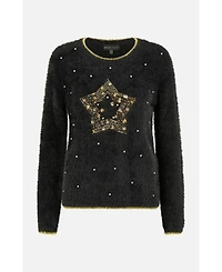 Yumi Women's Fluffy Star Holiday Sweater