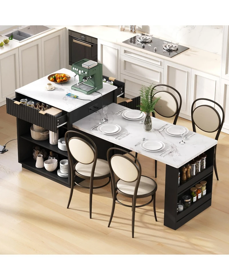 Streamdale Furniture Fluted Kitchen Island with Extendable Dining Table, Power Outlet & Storage