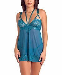 iCollection Women's Wide Strap Mixed Lace Babydoll Lingerie Set