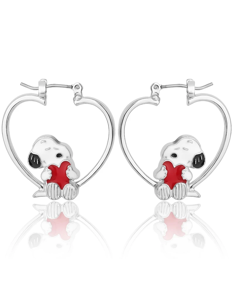 Peanuts Snoopy Heart Hoop Earrings, Silver-Tone with Red Enamel