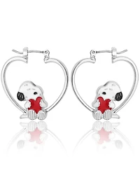 Peanuts Snoopy Heart Hoop Earrings, Silver-Tone with Red Enamel