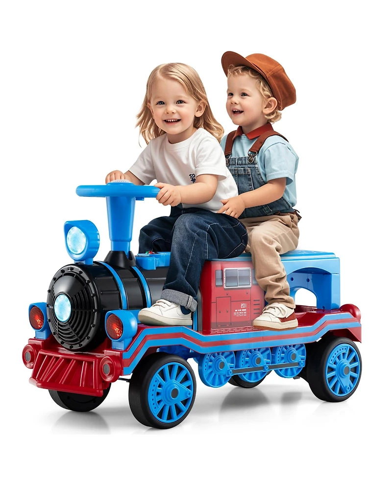 Hongge 12V Two-Seater Ride-On Train Toy with Whistle Sound and Detachable Seat - Blue