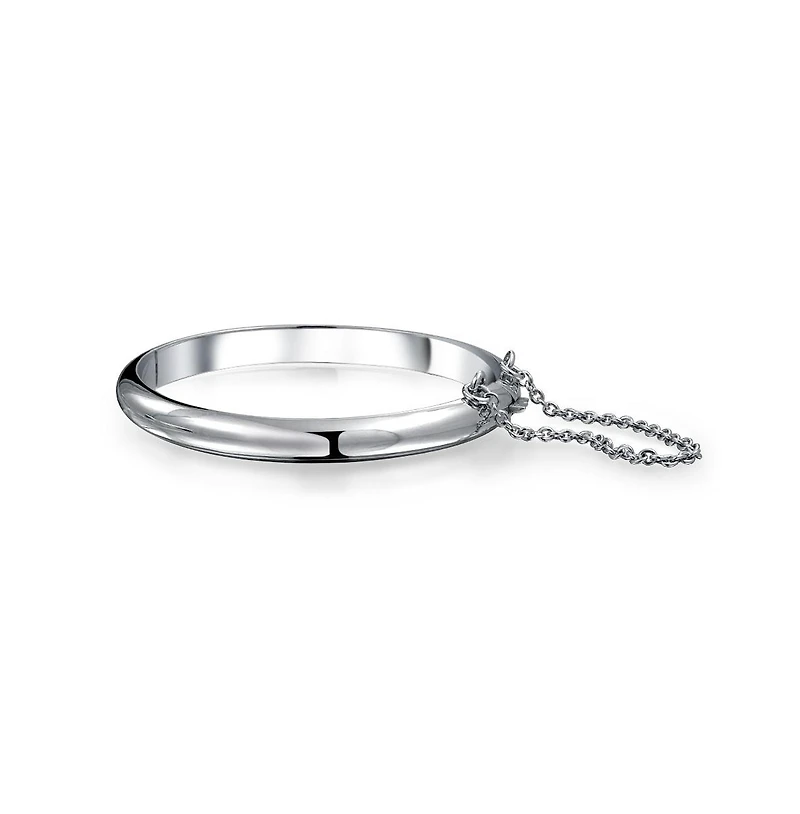 Bling Jewelry Set of 2 Small Simple Stackable Dome Cuff Bangle Bracelet with Safety Chain Sterling Silver 5 Inch