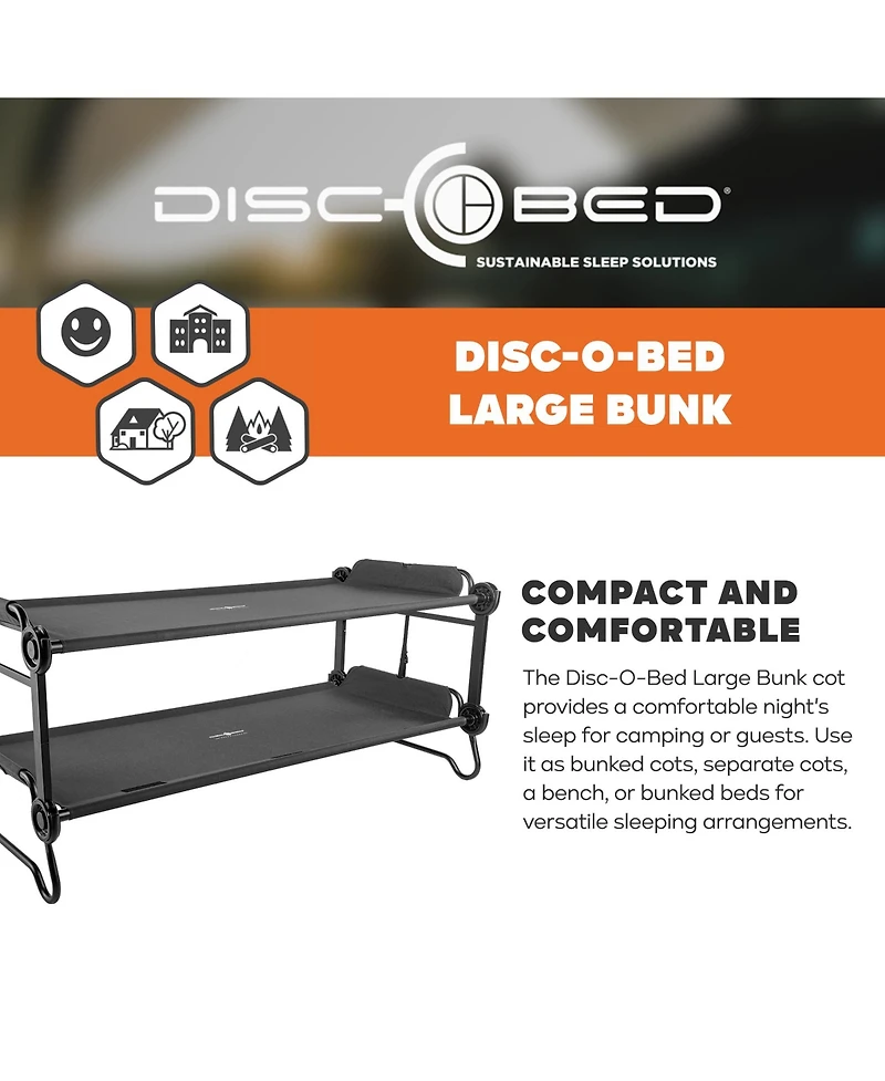 Disc-o-Bed Large Outdoor Convertible 2 Person Portable Camping Bunk Cots, Black
