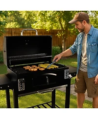 Grill Boss 32 Inch Charcoal Bbq Grill, Side Shelves, Built In Thermometer, Black