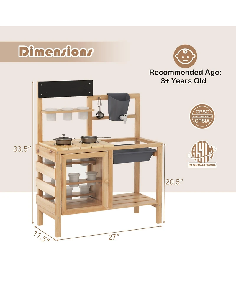Hongge Outdoor Wooden Mud Kitchen Playset with Sink and Plant Observation Area - Natural