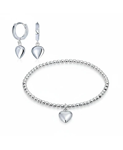 Bling Jewelry Heart Tag Bead Stretch Bracelet & Dangle Huggie Hoop Earrings Jewelry Set Sterling Silver