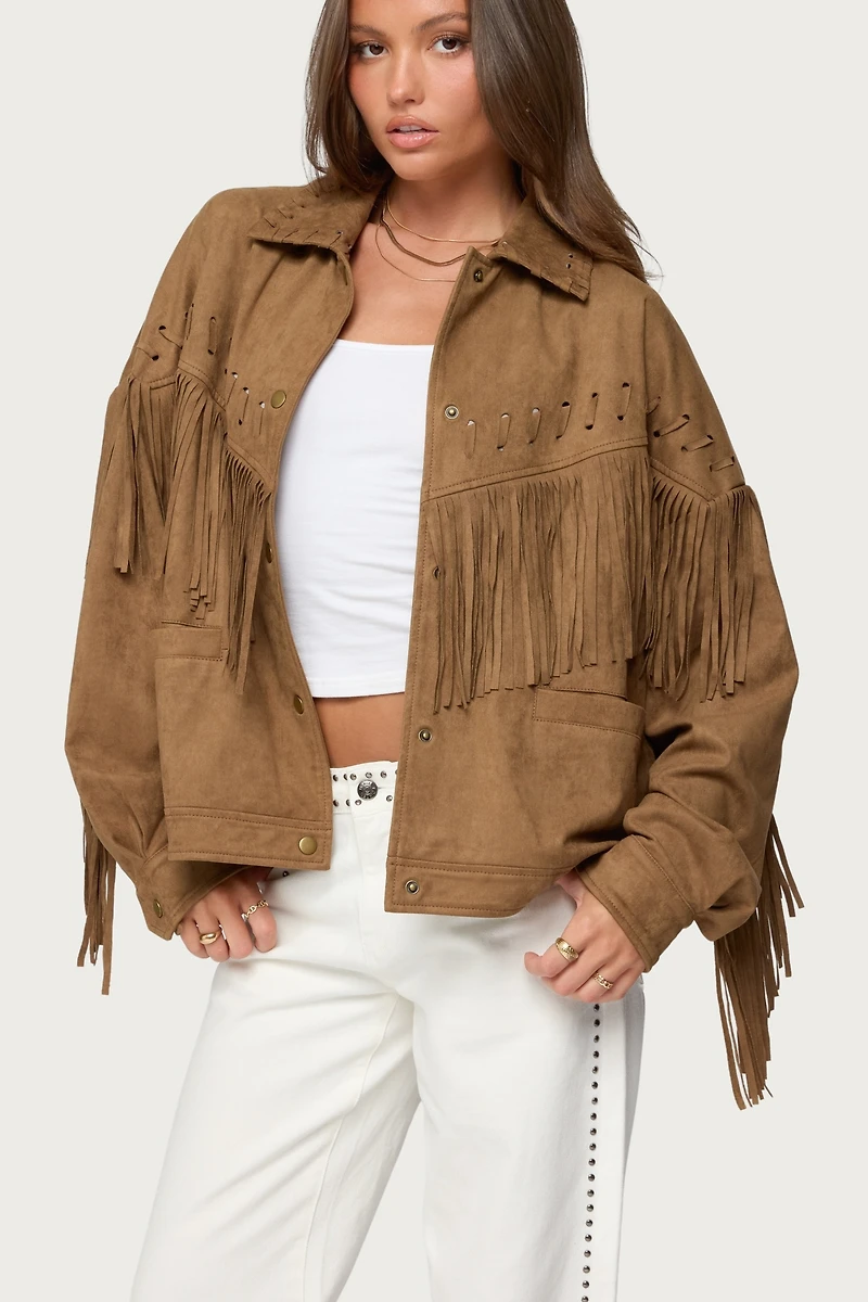 Edikted Women's Evonka Fringe Faux Suede Jacket