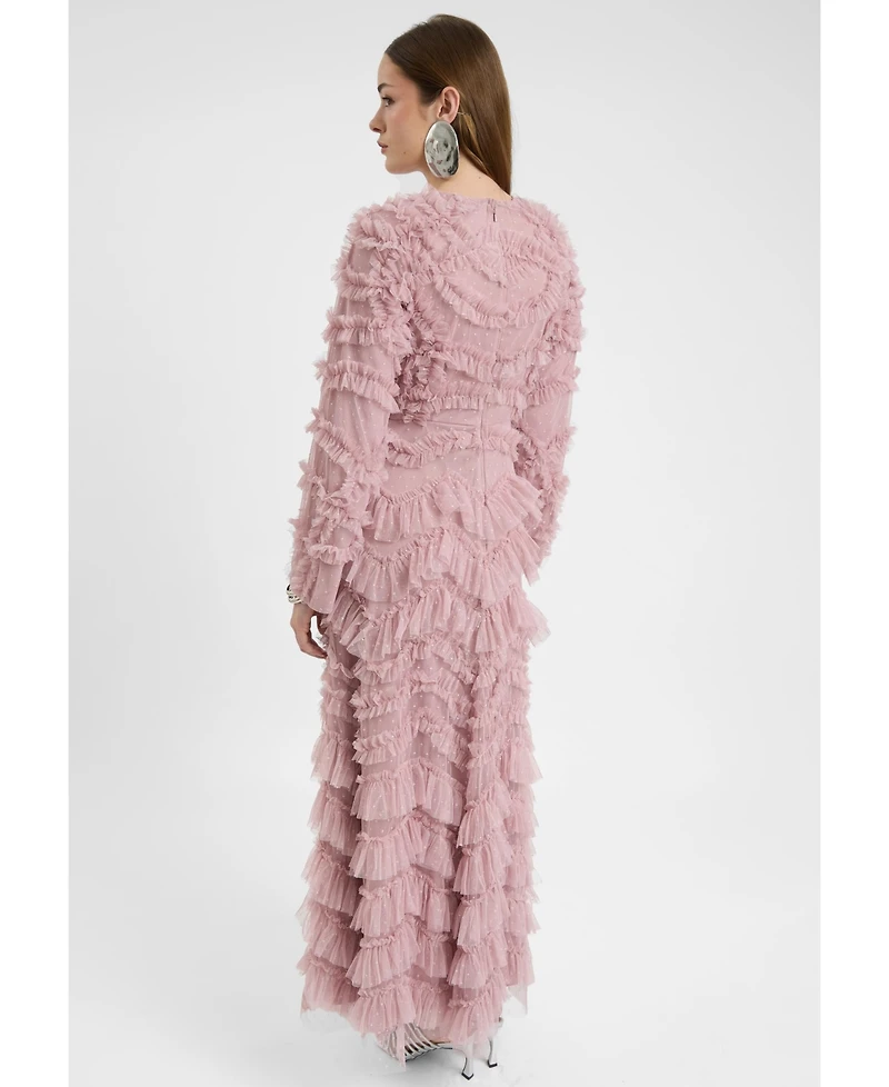 Maryisa Women's Modest Ruffle Dress Maxi With Self Print Mesh