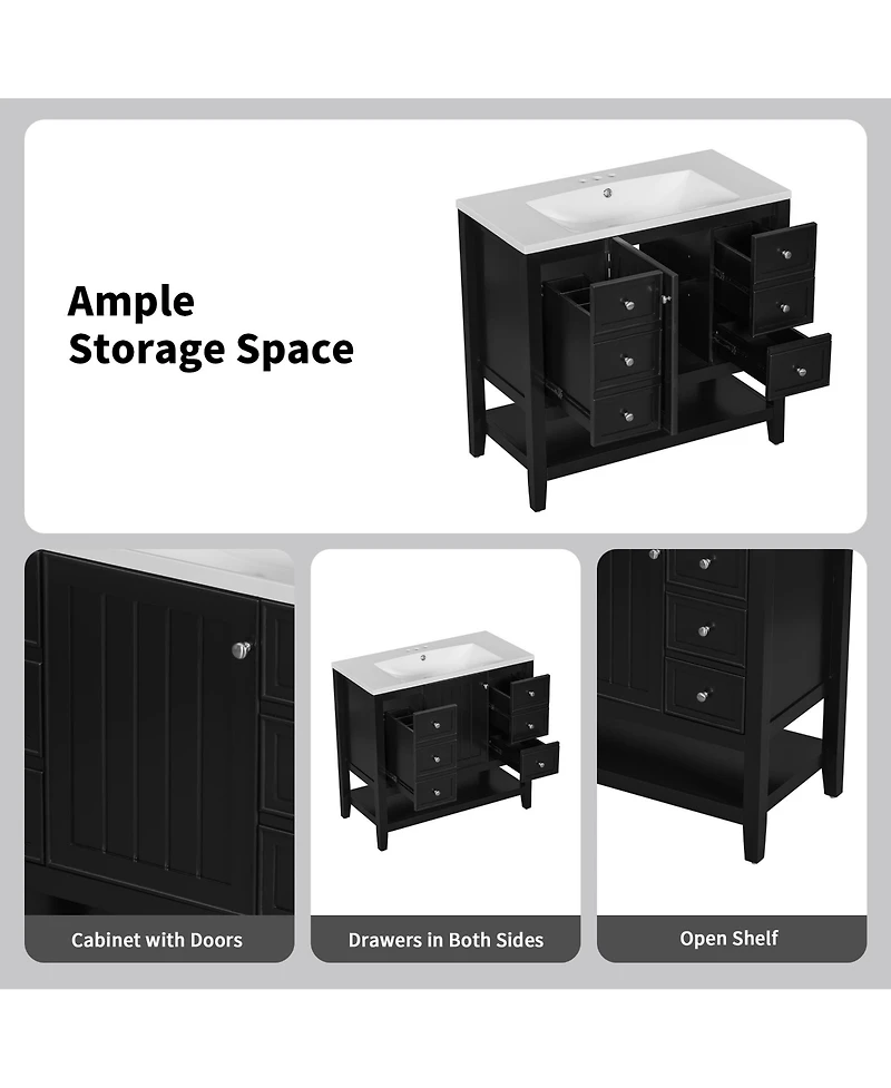 Airsurfer 36 Inch Bathroom Vanity without Sink Black Cabinet Base Only One Cabinet and Three Drawers Freestanding Storage Organizer