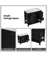 Airsurfer 36 Inch Bathroom Vanity without Sink Black Cabinet Base Only One Cabinet and Three Drawers Freestanding Storage Organizer