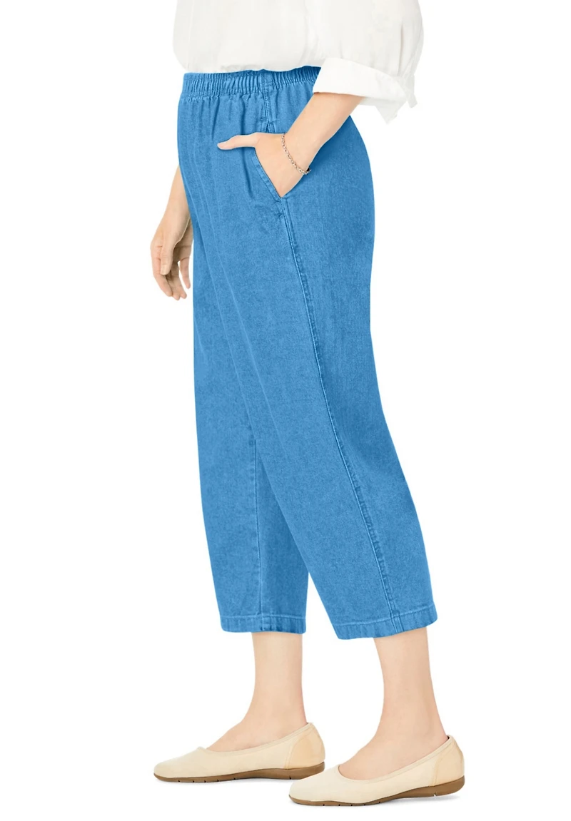 Woman Within Women's 7-Day Elastic-Waist Pull-On Cotton Denim Capri Jeans