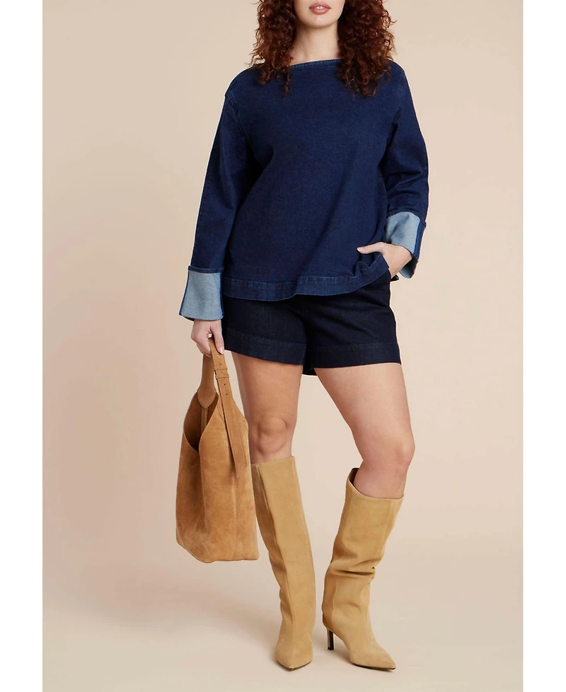 Eloquii Women's Plus Cuffed Sleeve Denim Top