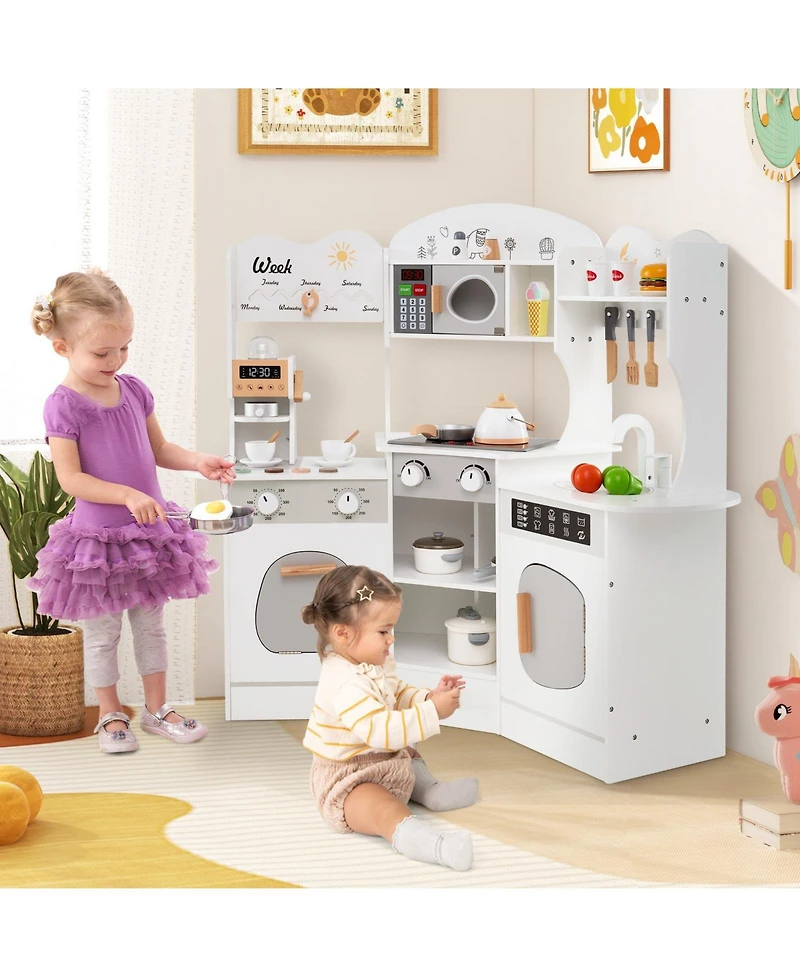 Hongge Corner Wooden Play Kitchen with Coffee Maker, Sink, and Slide for Kids - White