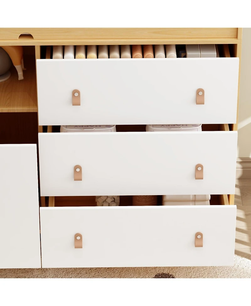 Diaper table with three drawers, baby changing station with multiple storage compartments, natural wood