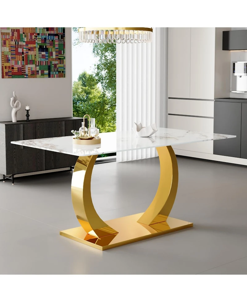 Streamdale Furniture Streamdale Transformable Stainless Steel Gold Base Dining Table, 63"x35", White Glass Top