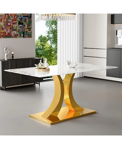 Streamdale Furniture Streamdale Transformable Stainless Steel Gold Base Dining Table, 63"x35", White Glass Top