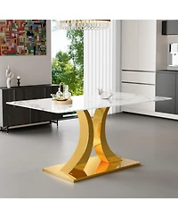 Streamdale Furniture Streamdale Transformable Stainless Steel Gold Base Dining Table, 63"x35", White Glass Top