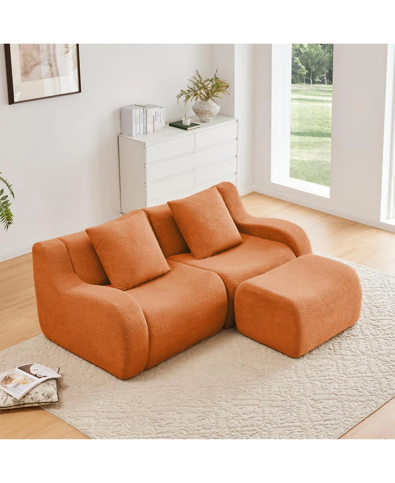 Streamdale L-Shaped Teddy Fabric 2-Seat Boneless Sofa, Curved Armrest, 32D Sponge, Orange