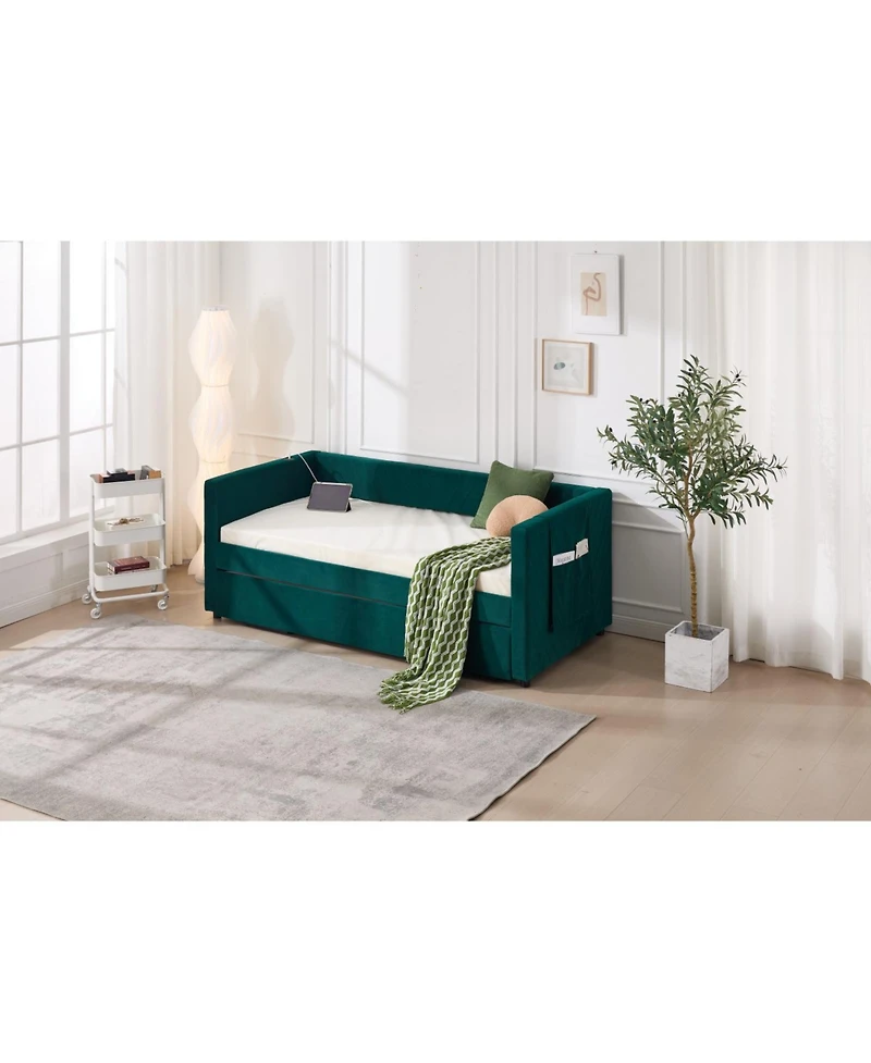 Streamdale Furniture Streamdale Twin Upholstered Daybed with Trundle, Usb, Side Pockets, Emerald