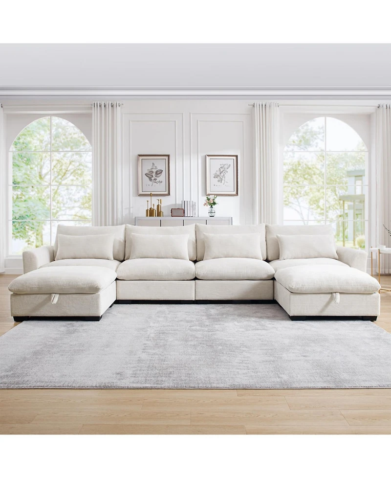 Streamdale Furniture Big Deep Seat U-Shaped Corduroy Sectional Couch, Beige