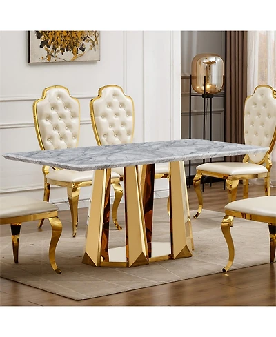 Streamdale Furniture Streamdale Marble Dining Table for 6, 70" Rectangle Faux Marble w/ Mirrored Stainless Steel Base (Gold, Gray