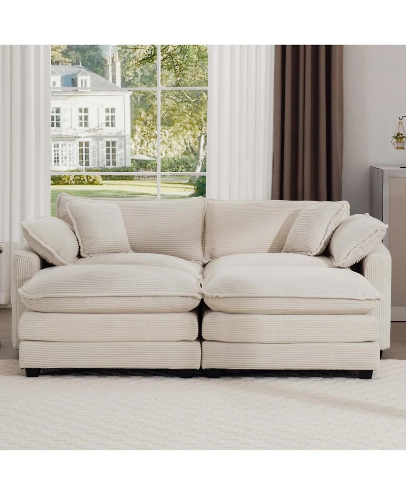 Streamdale Furniture Corduroy Two-Seater Sofa with 2 Footrests/Ottoman, Light Beige